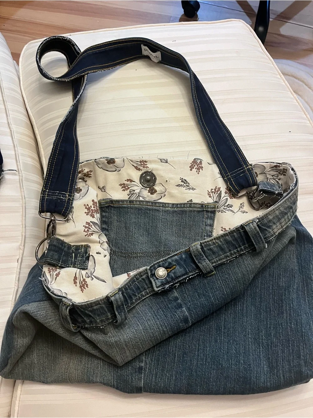 Large unisex Denim Crossbody Tote Bag/laptop holder  with Navy Strap
